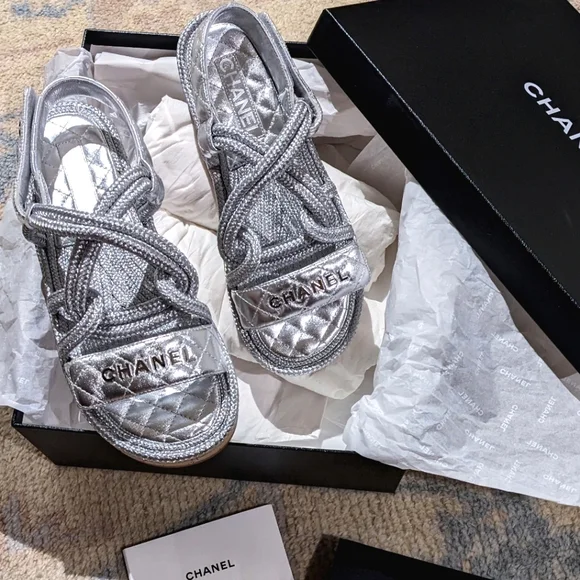 šSOLD CHANELš¤©20S CC Lambskin Cord Rope Logo Dad Sandals in Silver Sz 39 - Picture 4 of 16